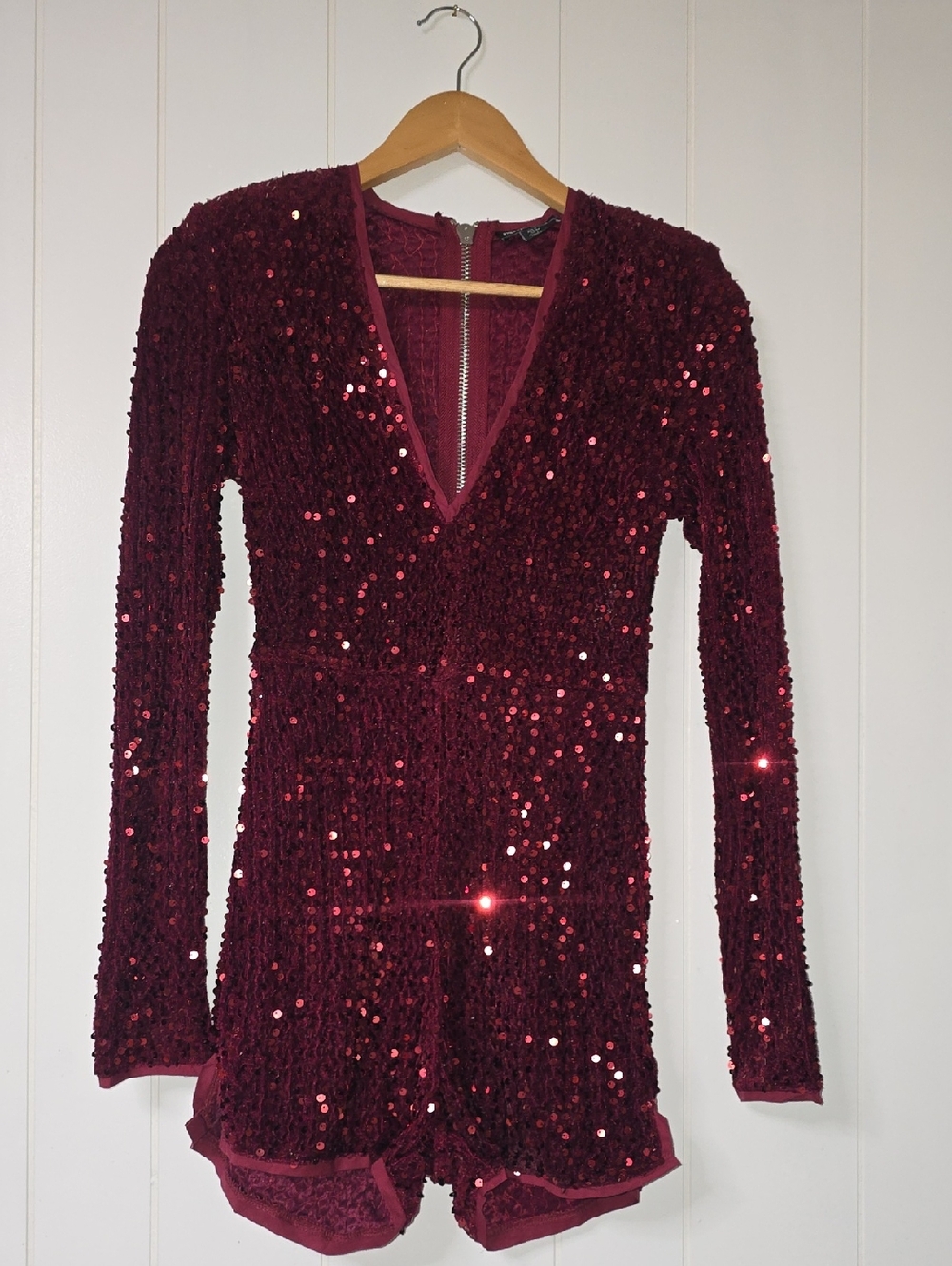 PrettyLittleThing Red Burgundy Sequin V-Neck Romper